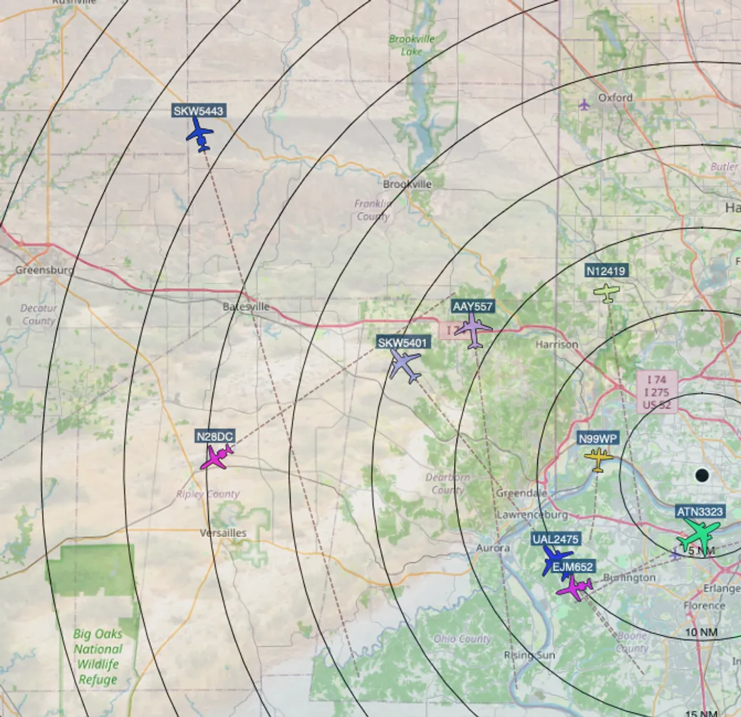 A flight-tracking map of the countryside west of Cincinnati, with black range rings marked every five nautical miles spreading out from a single dot. Aircraft icons sit across it, nine of them tagged with callsigns — UAL2475, AAY557, SKW5443, SKW5401, EJM652, ATN3323, N28DC, N99WP, N12419 — some trailing dashed lines that show where they came from. Towns along the edges include Greensburg, Batesville, Brookville, Oxford, Lawrenceburg, Aurora and Rising Sun.
