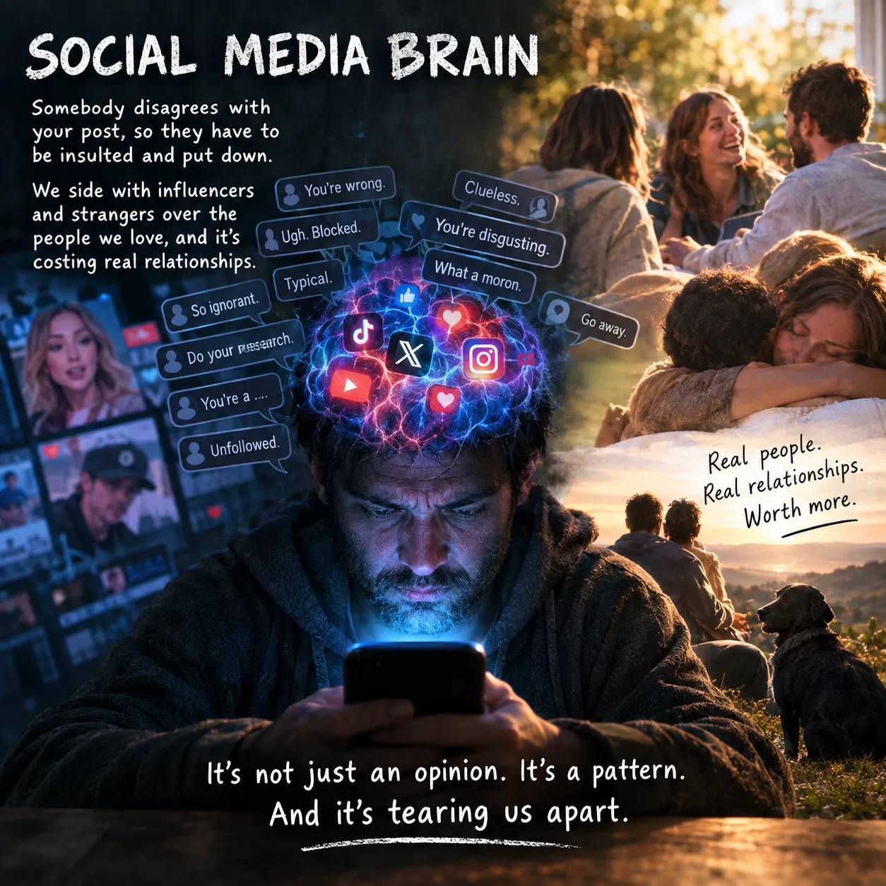 Illustration titled "Social Media Brain." A bearded man in a dark hoodie hunches over a glowing phone. Above his head, a brain crackles with TikTok, X, Instagram and YouTube icons, ringed by comment bubbles reading "You're wrong," "Clueless," "Ugh. Blocked," "What a moron," "So ignorant," "Do your research," "You're a ...," "Unfollowed" and "Go away." Behind him on the left, a wall of influencer video screens. On the right, in warm sunlight, friends laugh together, two people embrace, and two people sit on a hillside at sunset with a black dog, beside the words "Real people. Real relationships. Worth more." The bottom reads "It's not just an opinion. It's a pattern. And it's tearing us apart."