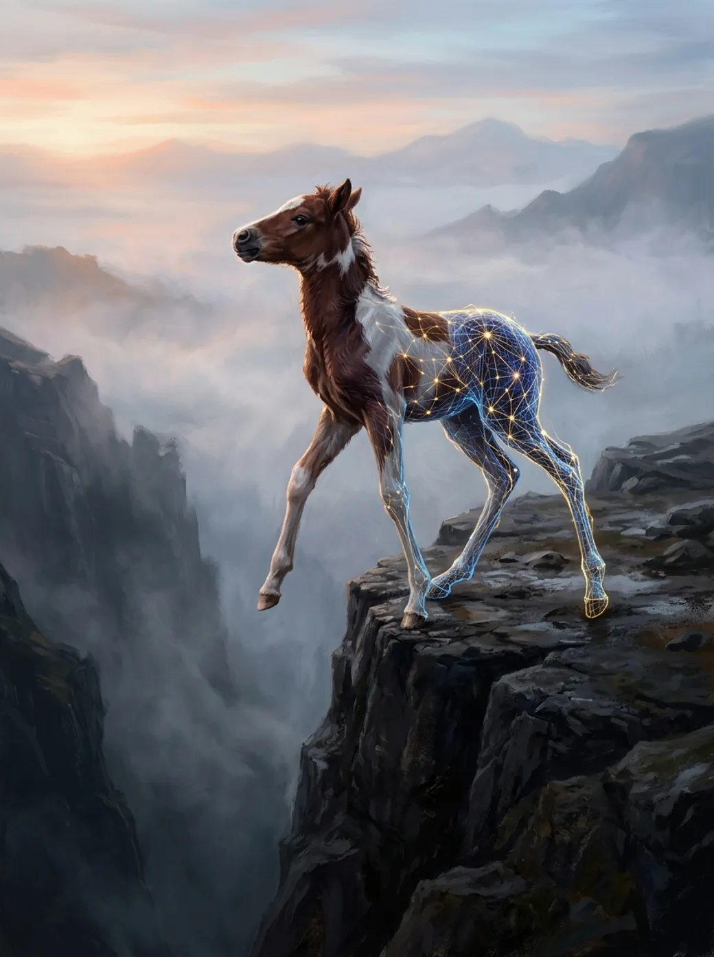 Digital painting of a brown-and-white foal mid-stride at the edge of a rocky cliff, one front hoof lifted over a fog-filled canyon at sunrise. Its front half is fur; its back half and hind legs are a translucent blue wireframe mesh studded with glowing gold nodes, like a neural network drawn in the shape of a horse.